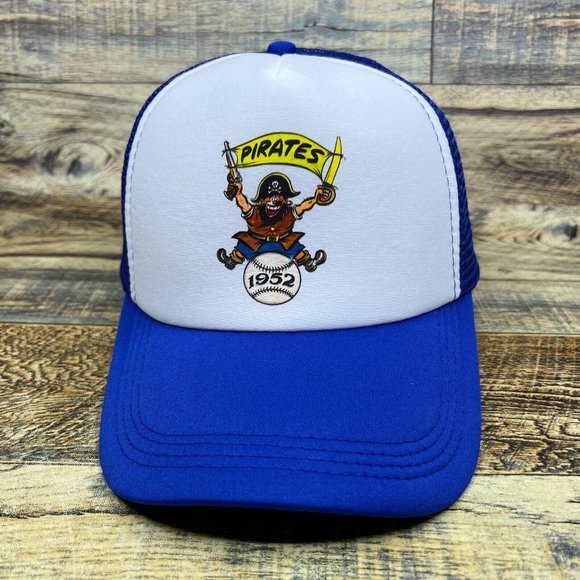 Pittsburg Pirates Mens Trucker Hat Blue Snapback 1952 Vintage Logo Baseball Cap - Picture 2 of 8